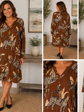 Breezies Large Brown Safari Animal Print Long Sleeve Dress Leopard Zebra